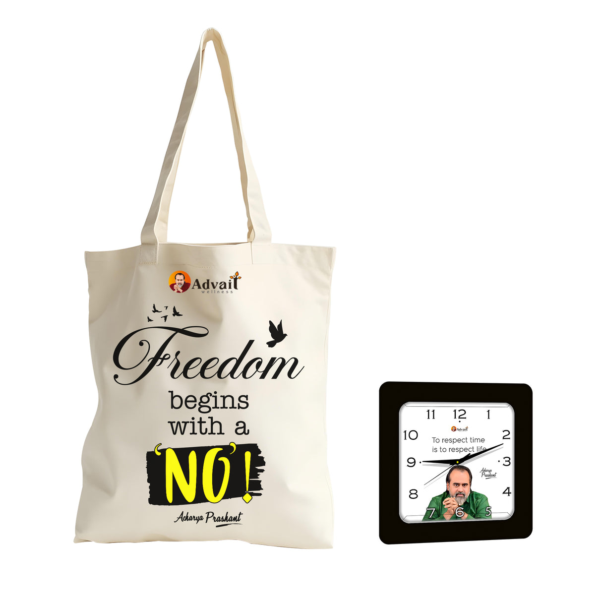 Freedom begins with a 'No' | TOTE BAG (Beige, Cotton) + To respect time is to respect life. | SQUARE CLOCK (BLACK)