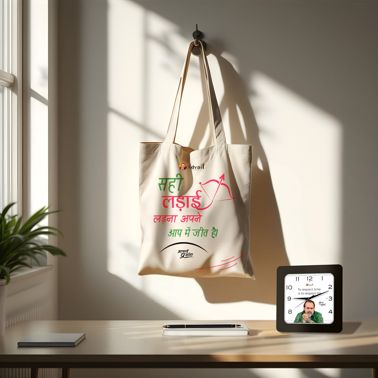 सही लड़ाई, असली जीत | TOTE BAG (Beige, Cotton) + To respect time is to respect life. | SQUARE CLOCK (BLACK)