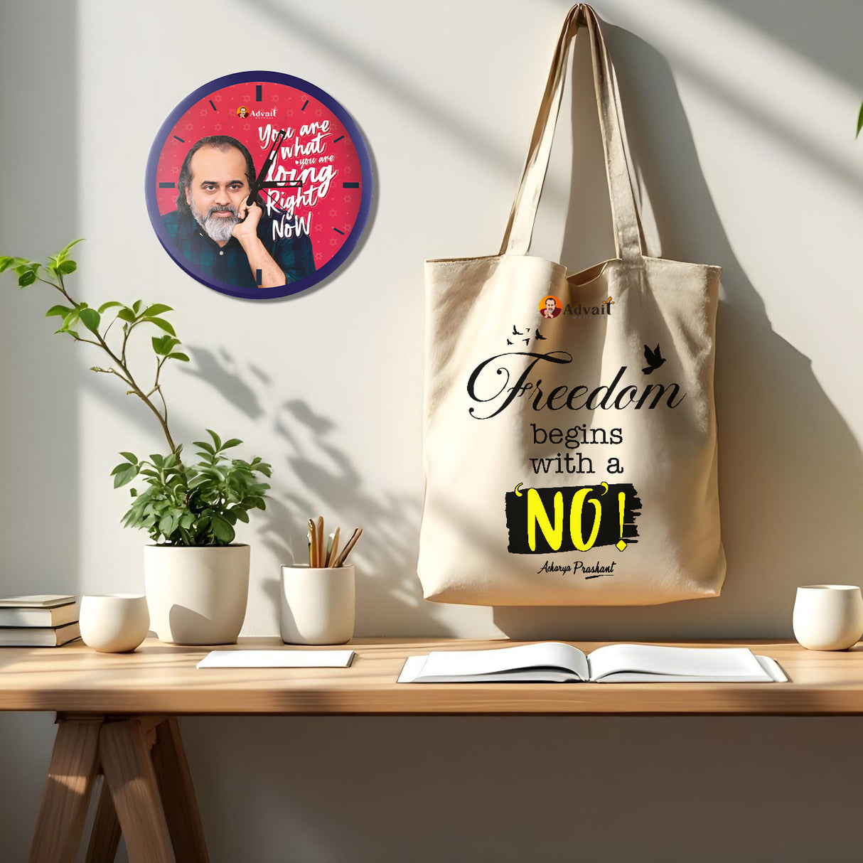 Freedom begins with a 'No' | TOTE BAG (Beige, Cotton) + You are what you are doing Right Now | ROUND CLOCK (BLUE)