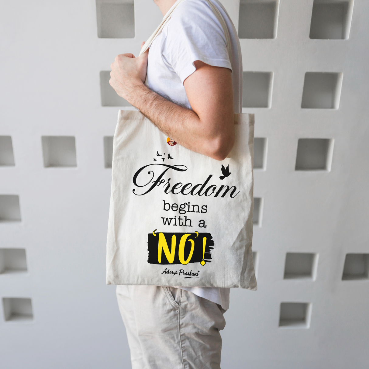 Freedom begins with a 'No' | TOTE BAG (Beige, Cotton) + To respect time is to respect life. | SQUARE CLOCK (BLACK)