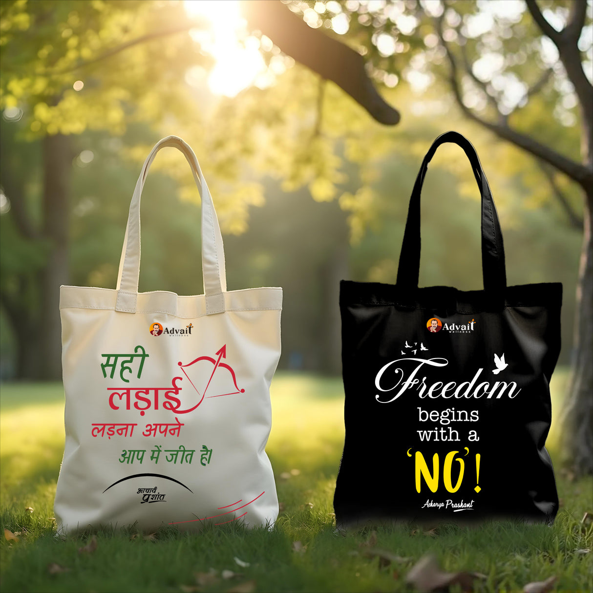 सही लड़ाई लड़ना अपनेआप में जीत है (Beige) + Freedom begins with a 'No'. (Black) - Set of 2 Tote Bags