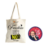 Freedom begins with a 'No' | TOTE BAG (Beige, Cotton) + You are what you are doing Right Now | ROUND CLOCK (BLUE)