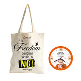 Freedom begins with a 'No' | TOTE BAG (Beige, Cotton) + समय नष्ट तो मन भी नष्ट | ROUND CLOCK (ORANGE)