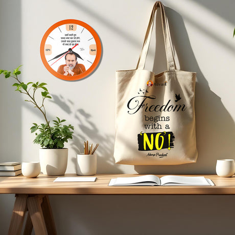 Freedom begins with a 'No' | TOTE BAG (Beige, Cotton) + समय नष्ट तो मन भी नष्ट | ROUND CLOCK (ORANGE)