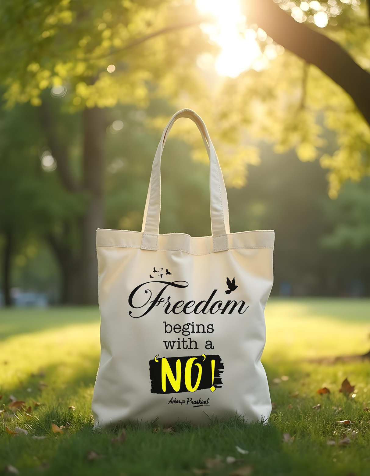 Freedom begins with a 'No' | TOTE BAG (Beige, Cotton) + पूरा दिन जाता कहाँ है | SQUARE CLOCK (BLACK)