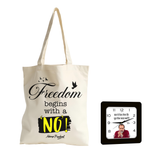 Freedom begins with a 'No' | TOTE BAG (Beige, Cotton) + पूरा दिन जाता कहाँ है | SQUARE CLOCK (BLACK)