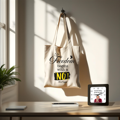 Freedom begins with a 'No' | TOTE BAG (Beige, Cotton) + पूरा दिन जाता कहाँ है | SQUARE CLOCK (BLACK)