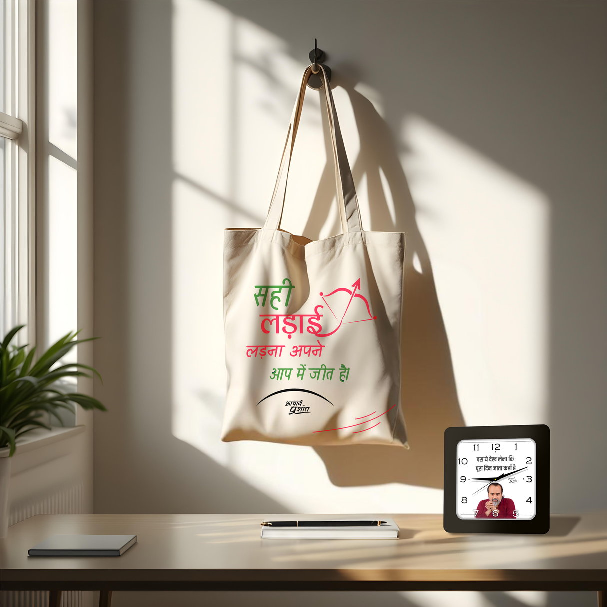 सही लड़ाई, असली जीत | TOTE BAG (Beige, Cotton) + पूरा दिन जाता कहाँ है | SQUARE CLOCK (BLACK)