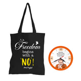 Freedom begins with a 'No' | TOTE BAG (Black, Cotton) + समय नष्ट तो मन भी नष्ट | ROUND CLOCK (ORANGE)